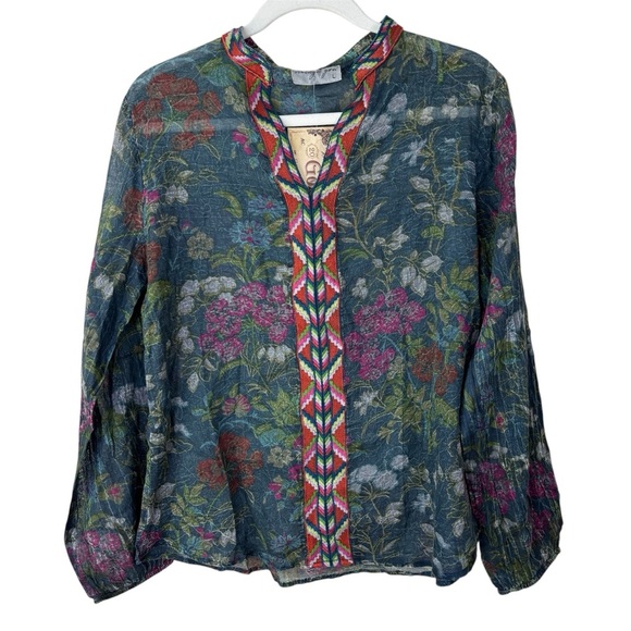 Vintage Goa Tops - Vintage Goa Embroidered Boho Floral Sheer Long Sleeve Blouse Women’s Size L NWT